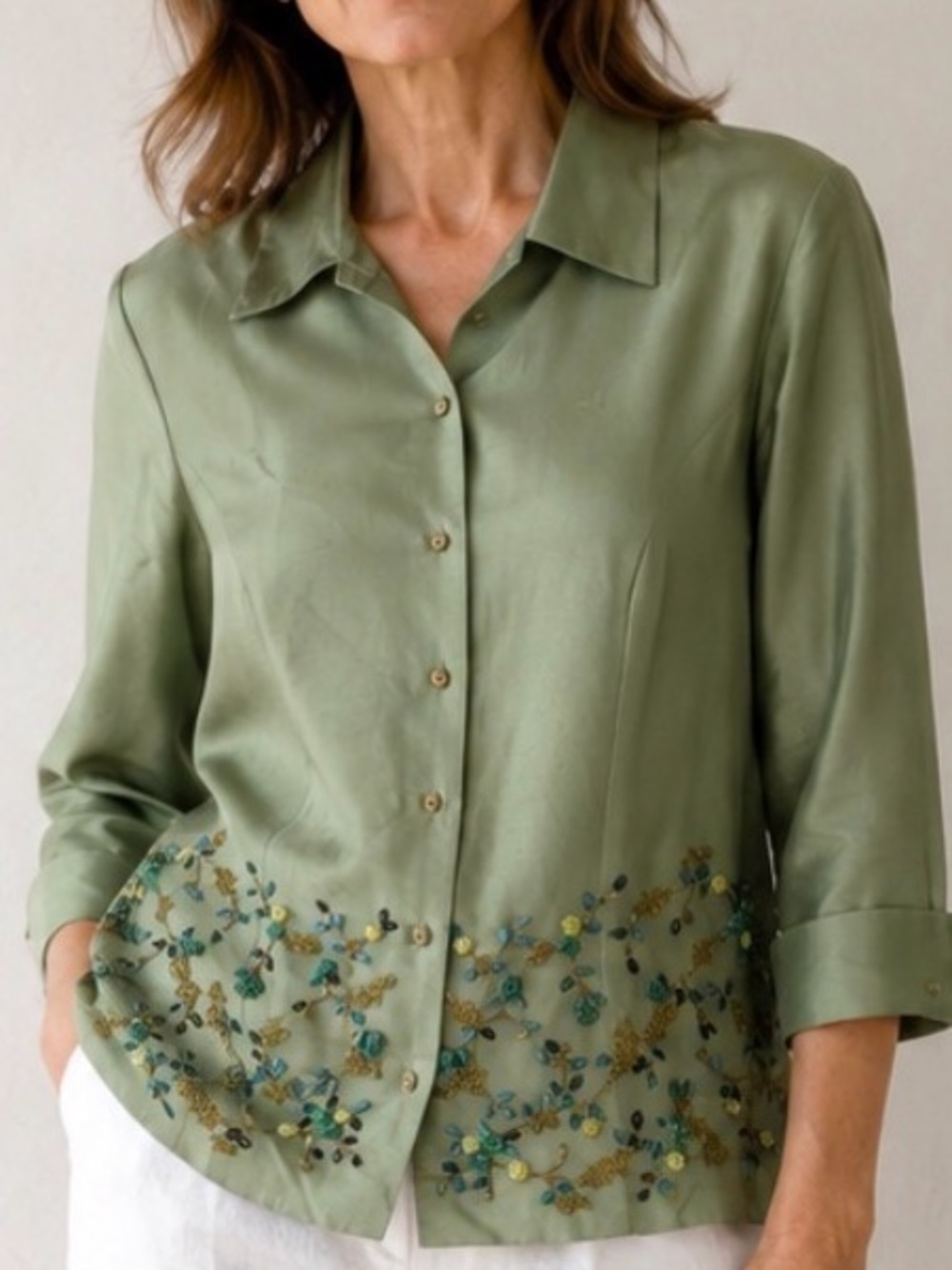 Vintage ICE Seafoam Green Silk Floral Beaded Structured 3/4 Sleeve Top Size 6